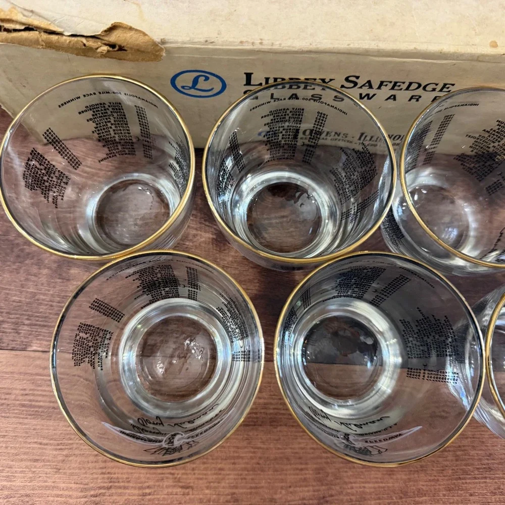Vintage Indy 500 Winners Rocks Glass Set of 6 Tony Hulman Signed Gold Rim in Box